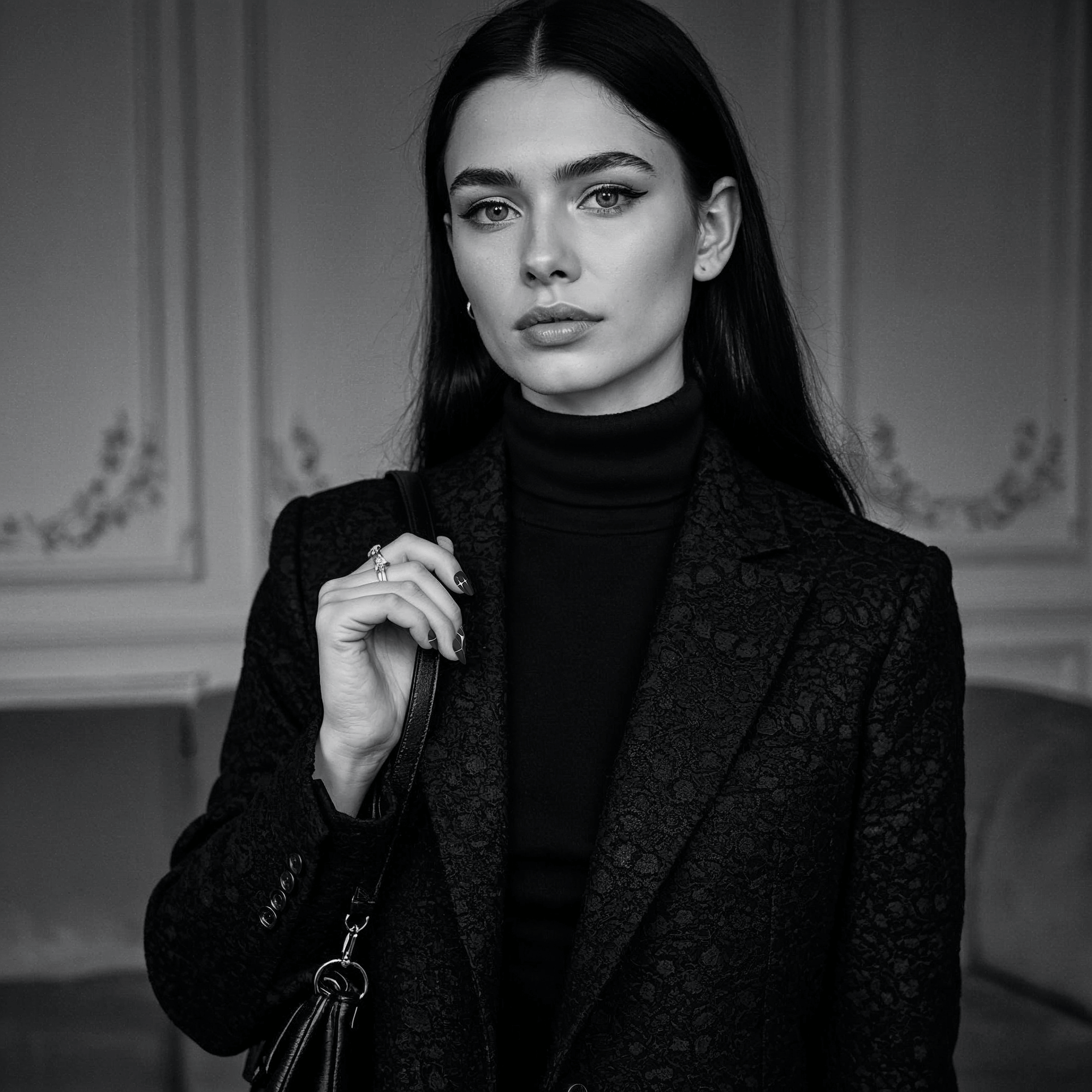 woman holding purse and showing nails