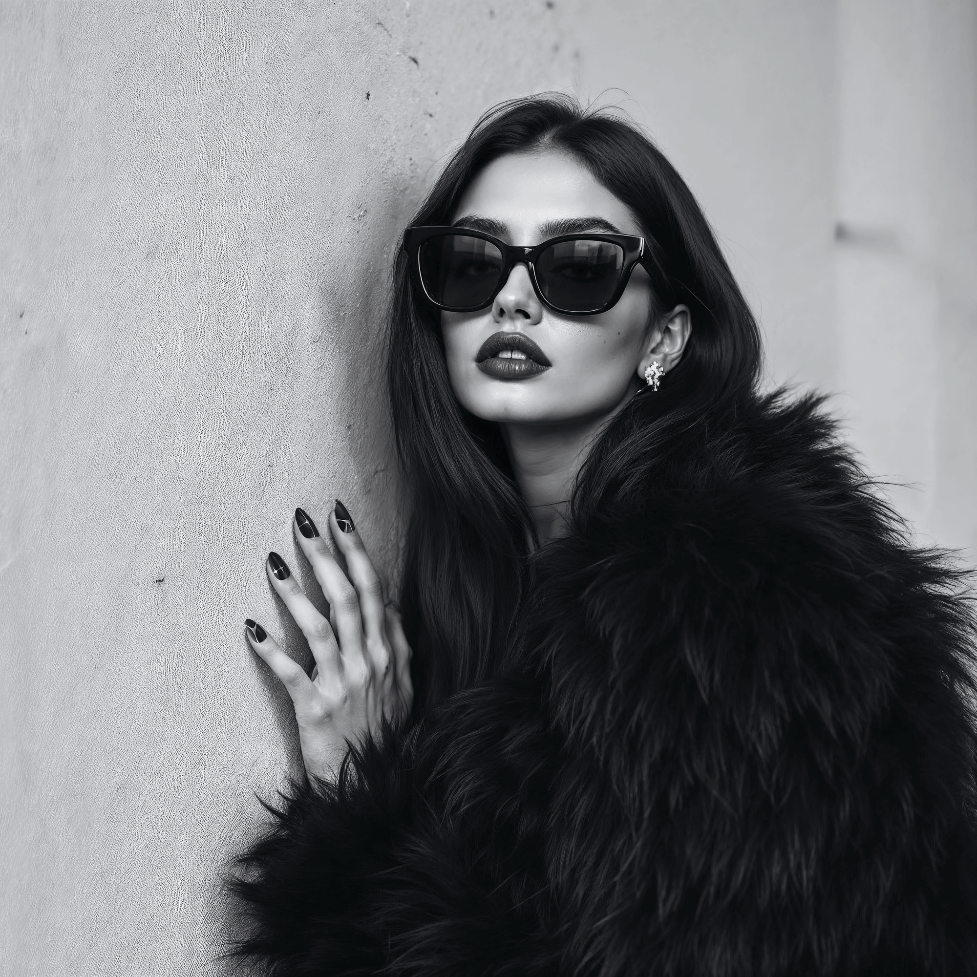 woman wearing glasses standing against a wall and showing nails