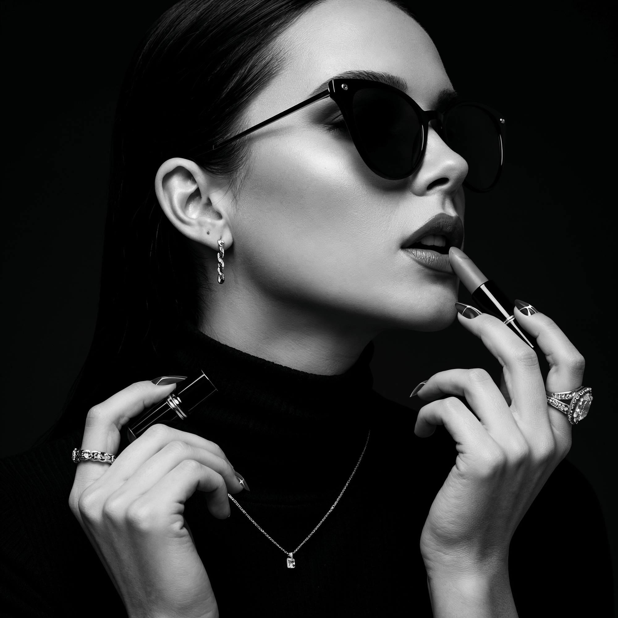 woman applying makeup and showing nails