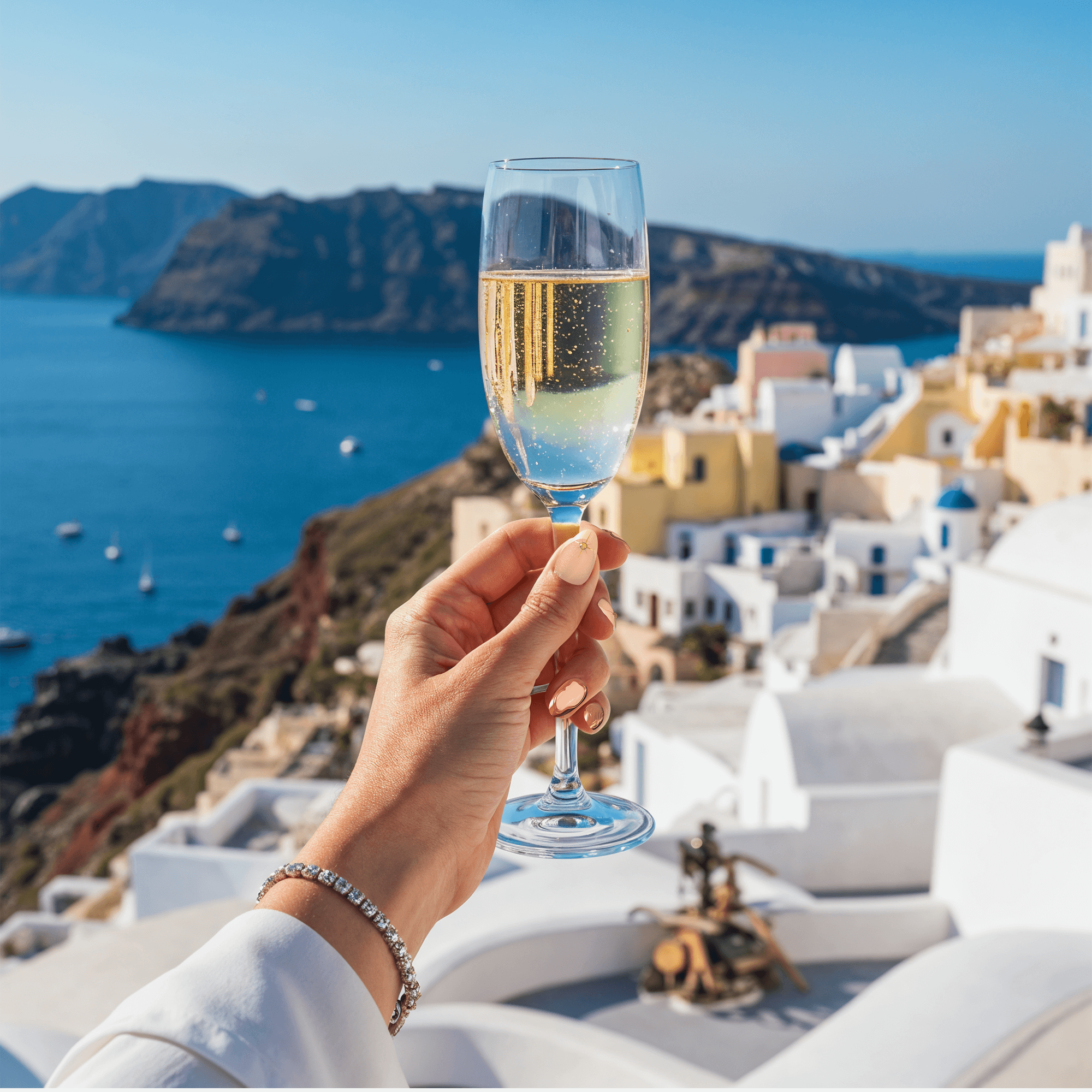 womans hand holding a glass of wine and showing nails