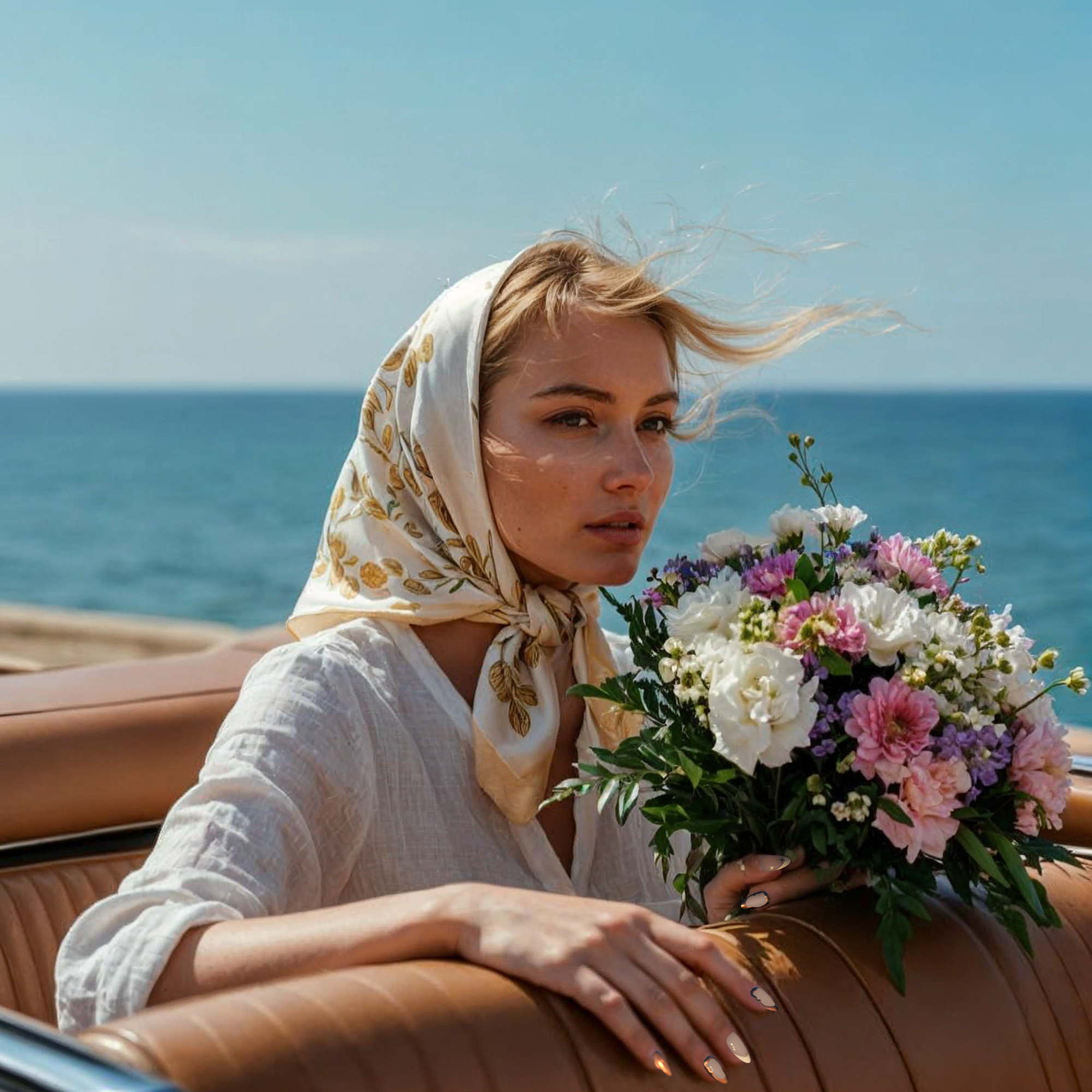 Woman riding in a car showing her nails and flowers