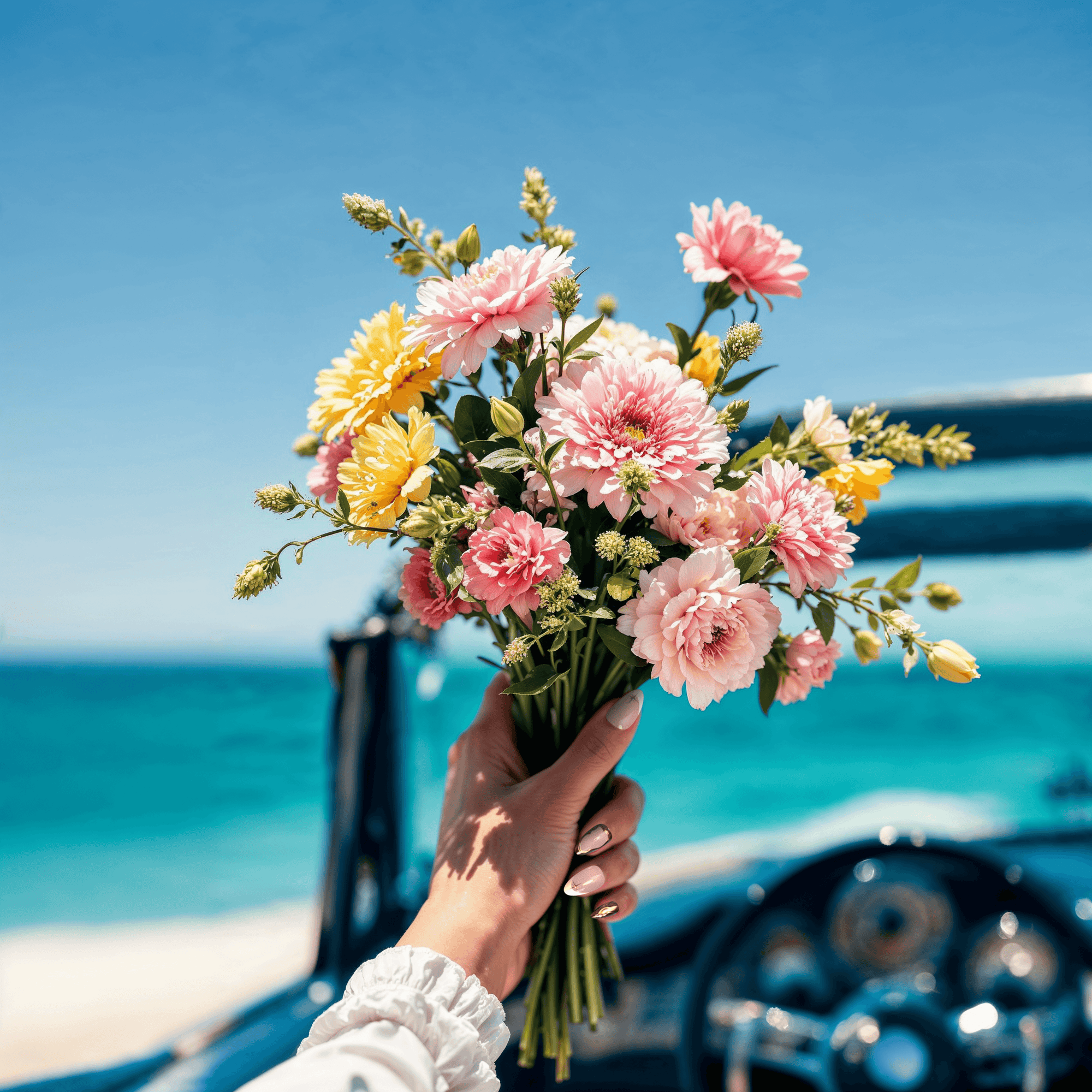womans hand holding flowers and showing nails